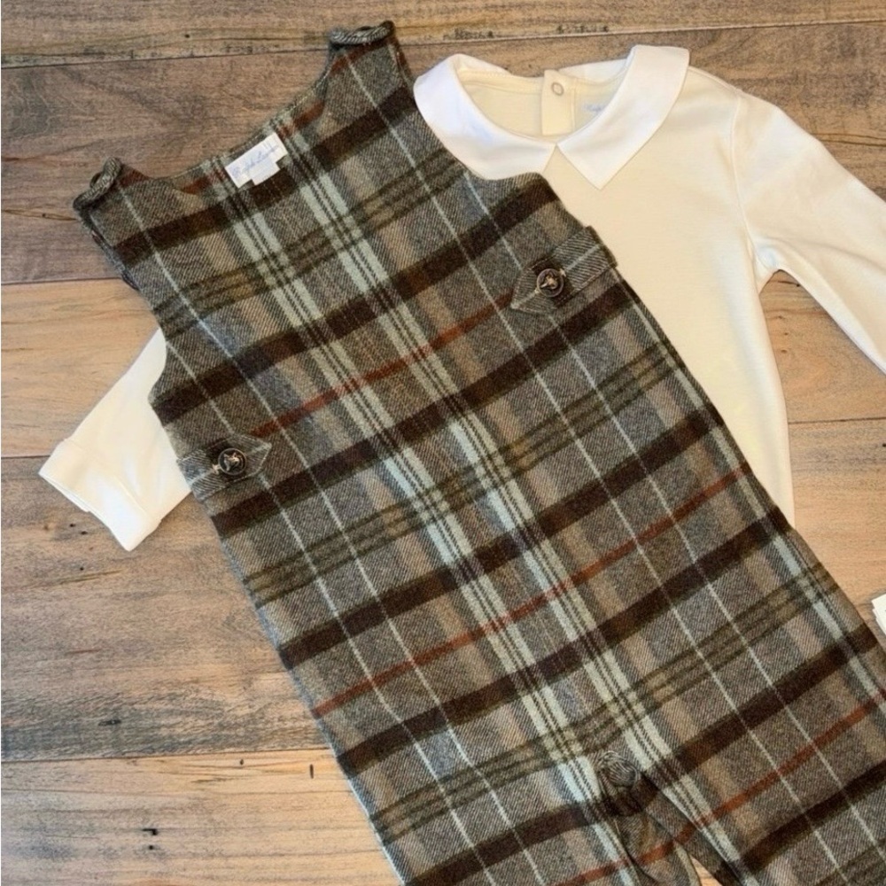 Ralph Lauren size 12 months Plaid Overalls with cream long sleeved shirt. New